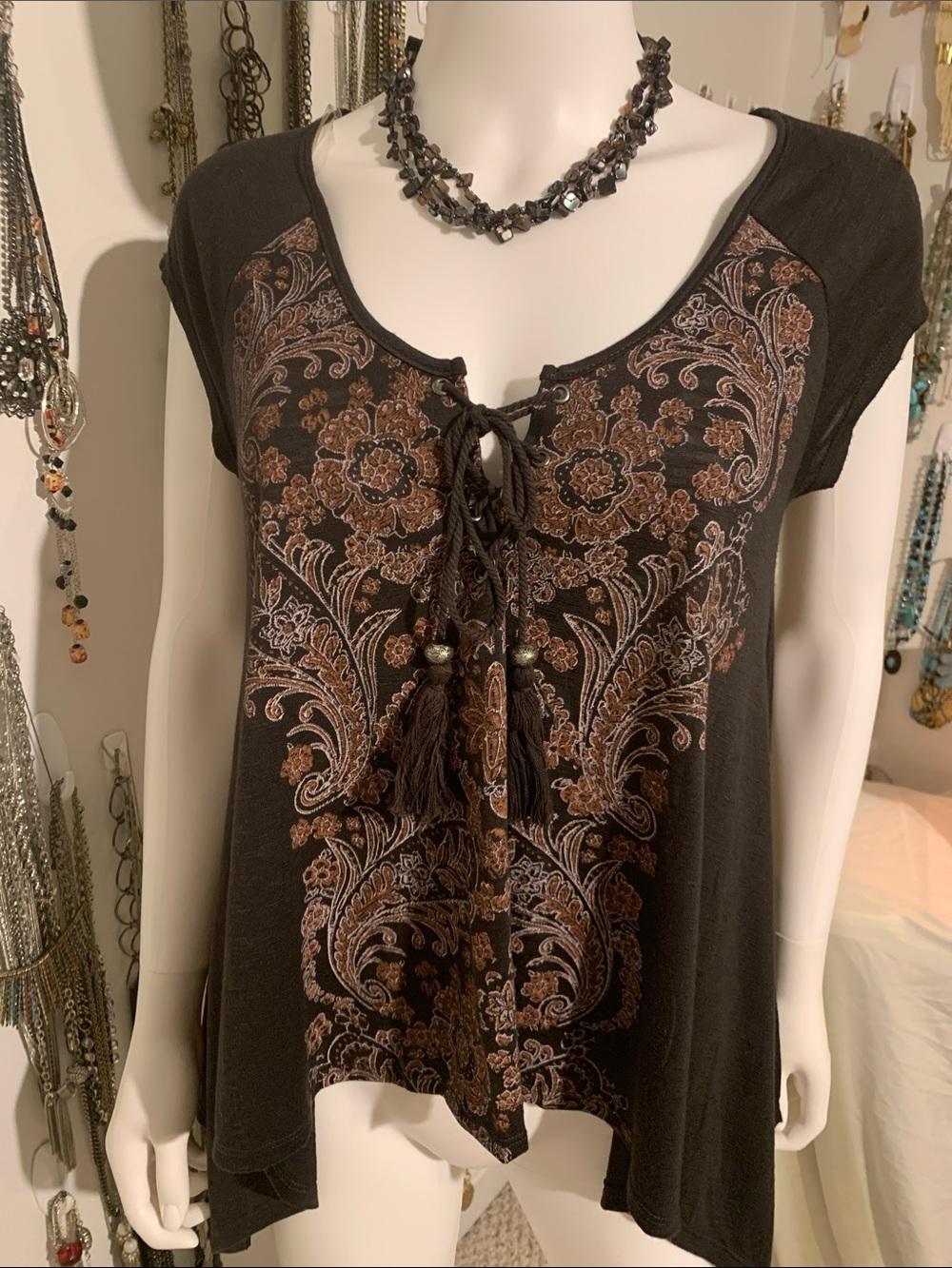 Women's Lace-Up Boho Tunic Top in Dark Brown with stone necklace